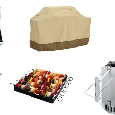 Collage of grilling accessories.