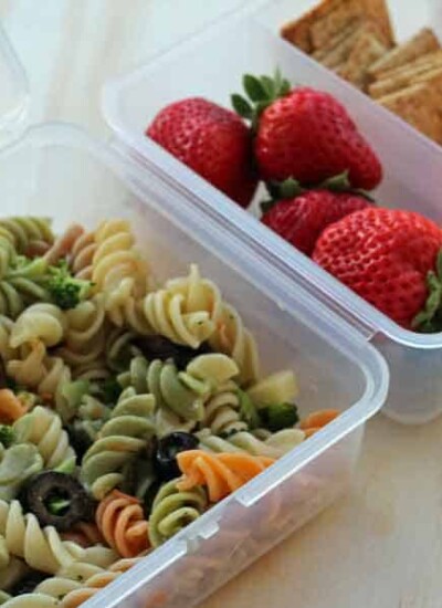 Simple delicious pasta salad makes a great bento style lunch for school kids.