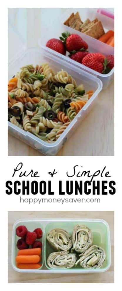 Easy Ideas for kids school lunches using some organic items including my simple pasta recipe, bento box fun and pesto turkey pinwheels. 