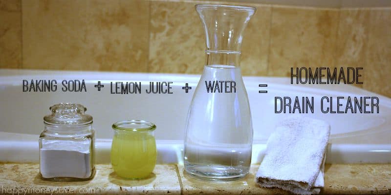 Containers with text "Baking soda + lemon juice + water = homemade drain cleaner."