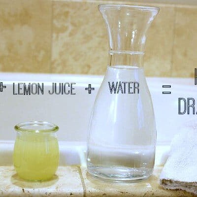 Containers with text "Baking soda + lemon juice + water = homemade drain cleaner."