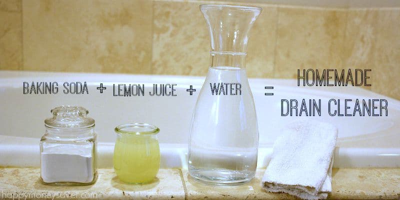 Containers with text \"Baking soda + lemon juice + water = homemade drain cleaner.\"