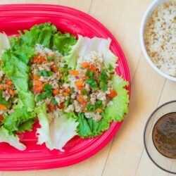 Asian lettuce wraps on a red platter.
