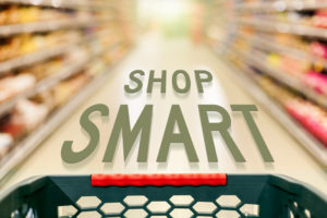 Shopping concept in supermarket for fast consumer lifestyle with the text that advises shop smart.