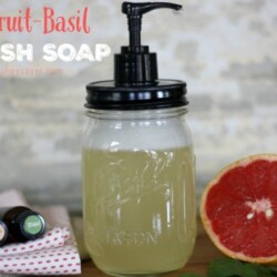 Pumpable mason jar with text "Grapefruit Basil DIY dish soap."
