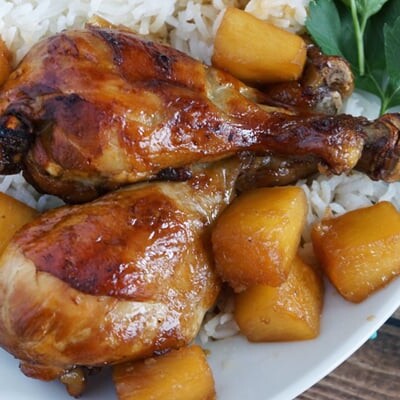 Adobo chicken with pineapple over rice.