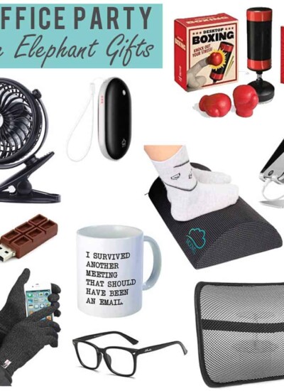 Collage of products with text "10 Office Party White Elephant Gifts."
