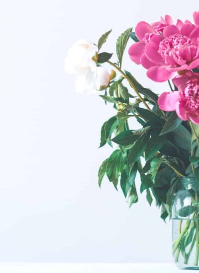 Pink and white flowers in a glass vase.