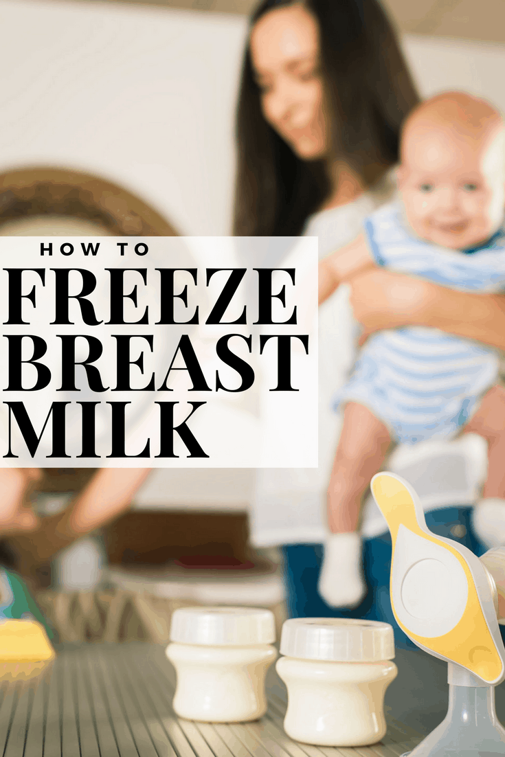 Person holding a baby near full bottles with text \"How to Freeze Breast Milk.\"