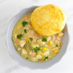 Light chicken pot pit in a bowl with a biscuit.