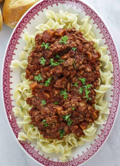 Tray of Turkey Bolognese over noodles.