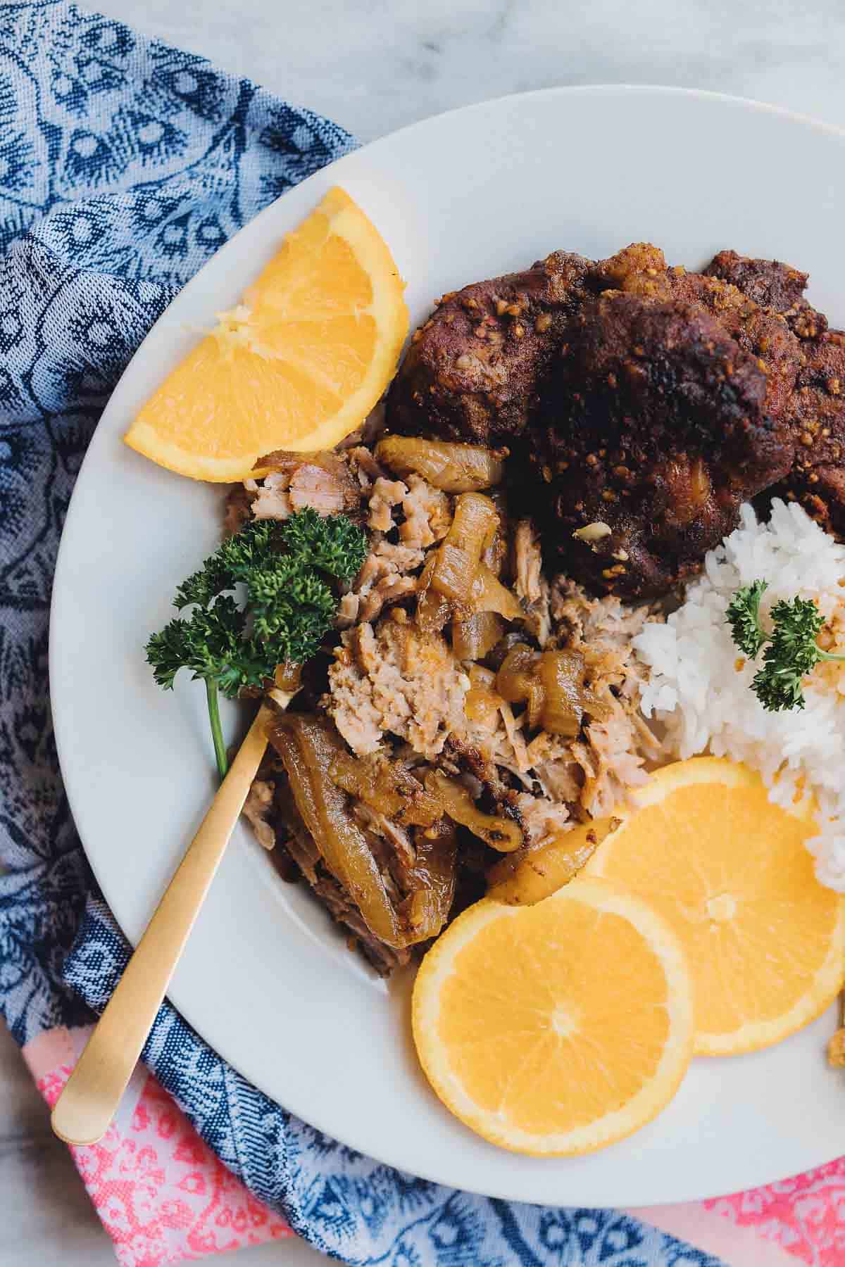 Orange Spiced Pork freezer meal. The citrus from the orange and the spice from the cloves, nutmeg, and seasoning packet will make your taste buds go wild.