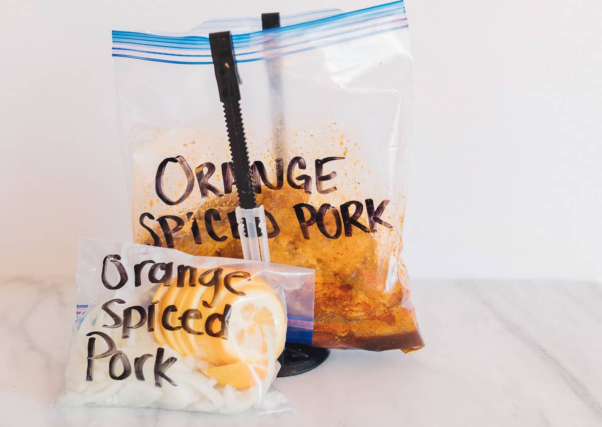 One of my favorite freezer meals ever! It's called Orange Spiced Pork freezer meal. The citrus from the orange and the spice from the cloves, nutmeg, and seasoning packet will make your taste buds go wild.