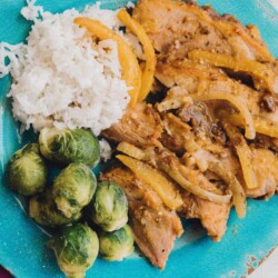 Blue plate with Caribbean pork roast, rice, and brussels sprouts.