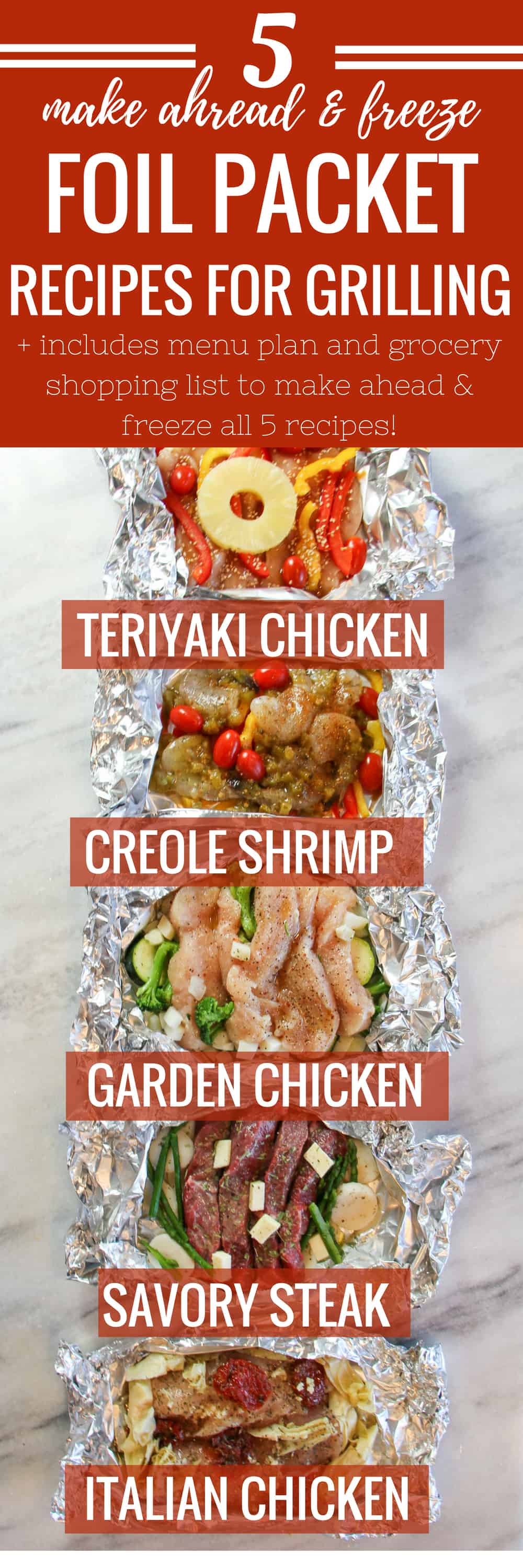 5 Simple Foil Packet Recipes for Oven - Grilling - or Campfire cooking! Plus includes a free menu plan where you can make ahead and freeze all of these in 2 hours for a family of six. I love freezer meals recipes! 