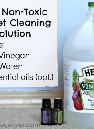 Ingredients on a countertop with text: "Easy non-toxic carpet cleaning solution Recipe: 1/2 Vinegar, 1/2 Water, Essential oils (opt.)"