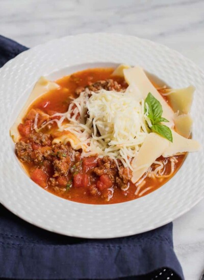 Everything you love in a lasagna, except in a stew! This Lasagna Stew is full of meat, tomatoes, herbs, pasta, and cheese. YUM!