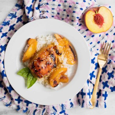 The enticing scent of fresh ginger is the perfect warming spice to go with delicate fall peaches, and this Peachy Keen Ginger Thigh recipe proves it!
