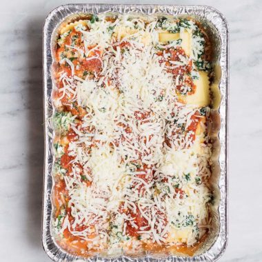 ravioli lasagna bake in aluminum foil pan