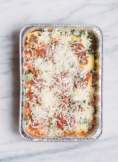 ravioli lasagna bake in aluminum foil pan