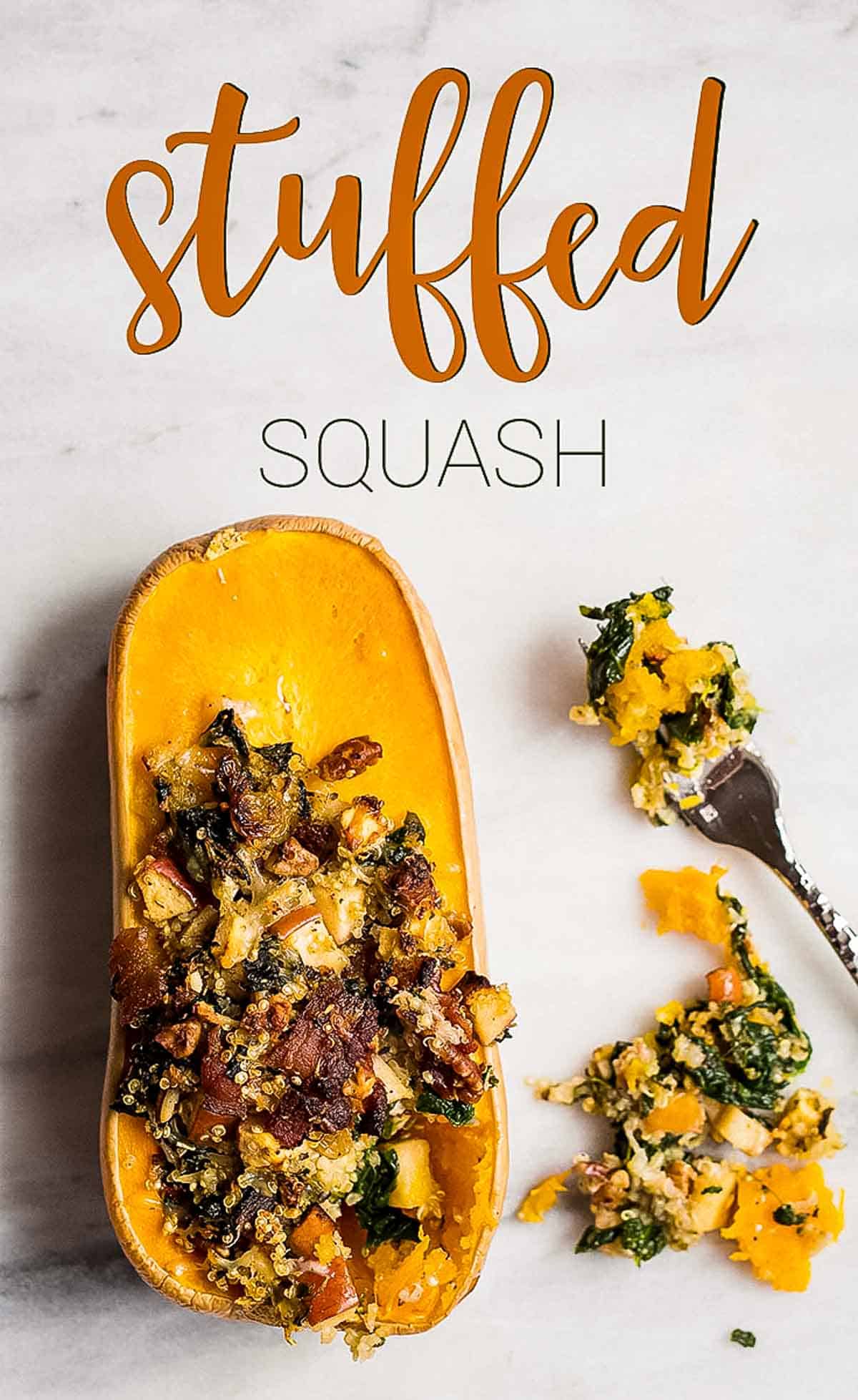 Stuffed Butternut Squash recipe filled with bacon, apples, pecans, quinoa and baked. 