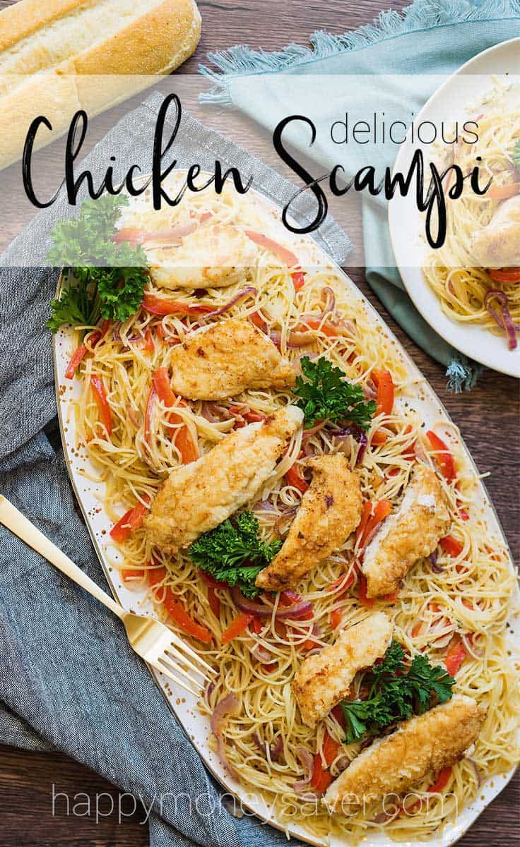 This chicken scampi recipe is to die for. Angel hair pasta covered in a creamy garlic sauce with caramelized onions and bell peppers, then topped with pan-fried chicken tenderloins. 