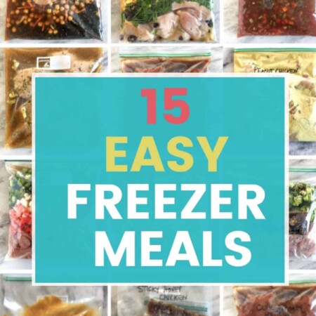 Collage of freezer meals with text "15 Easy Freezer Meals."