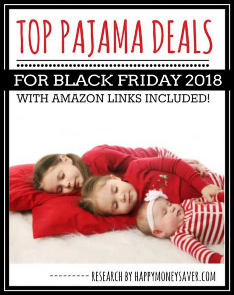 Sleeping children in red pajamas with text \"Top pajama Deals for Black Friday 2018 with Amazon links included!\"