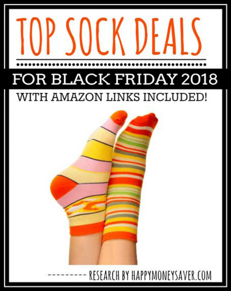 Mismatched socks on feet with text \"Top Sock Deals for Black Friday 2018 with Amazon links included!\"
