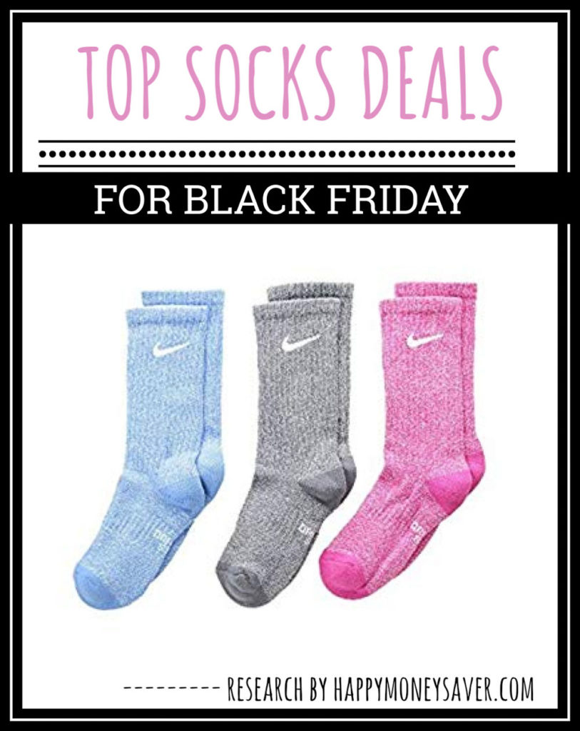 sock deals for black friday - pictured three nike socks, one blue, one gray and one pink.