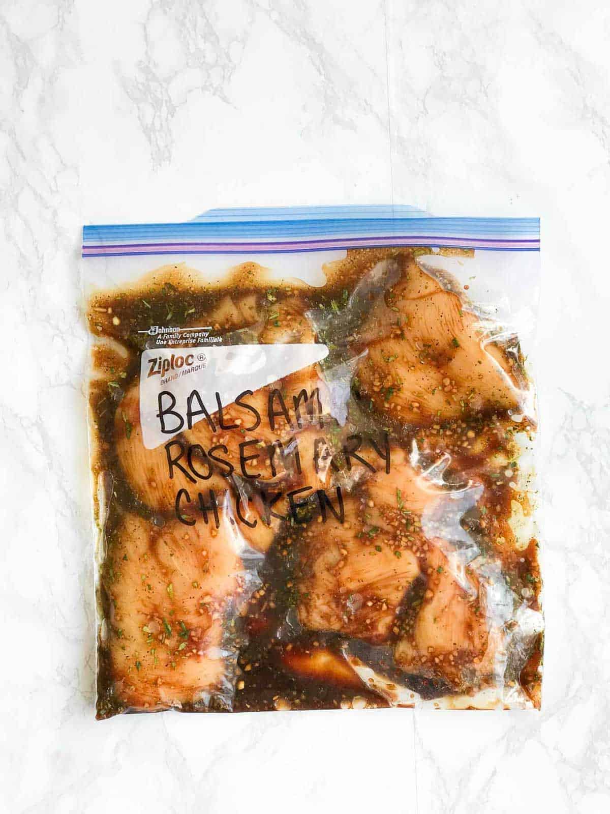 Balsamic Rosemary Chicken freezer meal in a freezer bag.