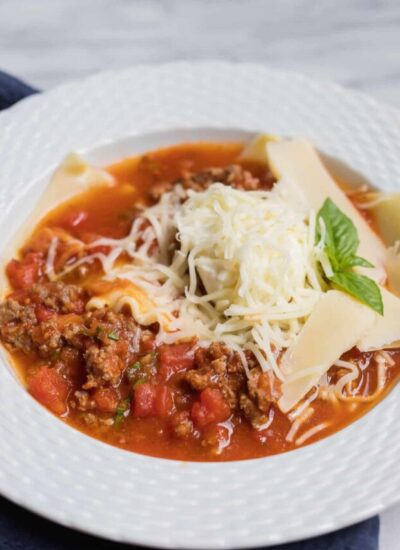 Everything you love in a lasagna, except in a stew! This Lasagna Stew is full of meat, tomatoes, herbs, pasta, and cheese. YUM!