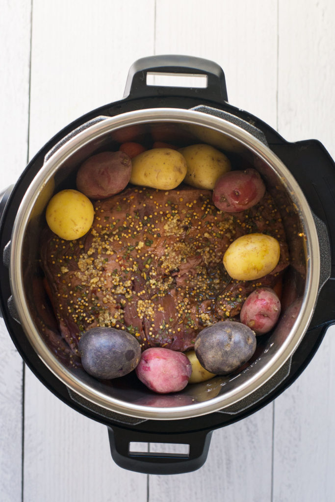 An instant pot with a corned beef covered in spices and whole small red, purple and yellow potatoes surround it.