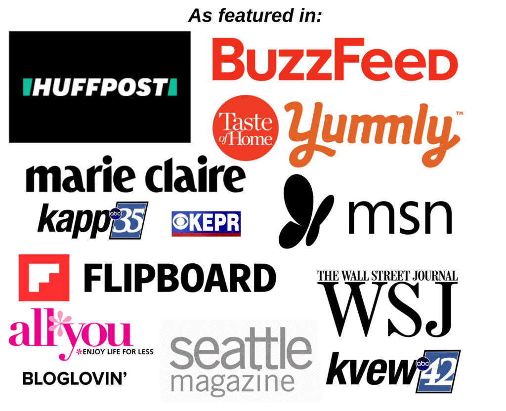 Image of all the logos places I've been featured including buzzfeed, taste of home, yummly, huffington post and more.