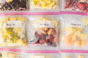 Several bags of smoothie freezer packs.