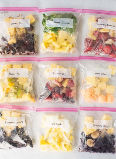 Several bags of smoothie freezer packs.