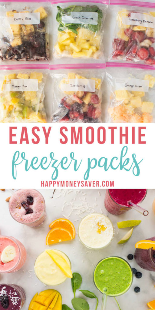 Smoothie freezer packs in quart sized freezer bags. Also different smoothie recipes in clear glasses with fruit, spinach and nuts scattered around the glasses.