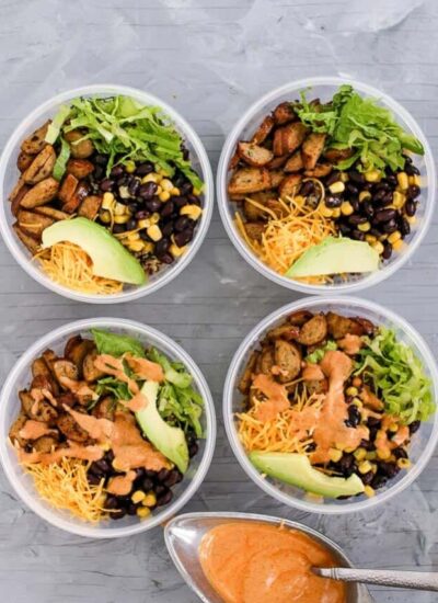 Four quinoa burrito bowls.