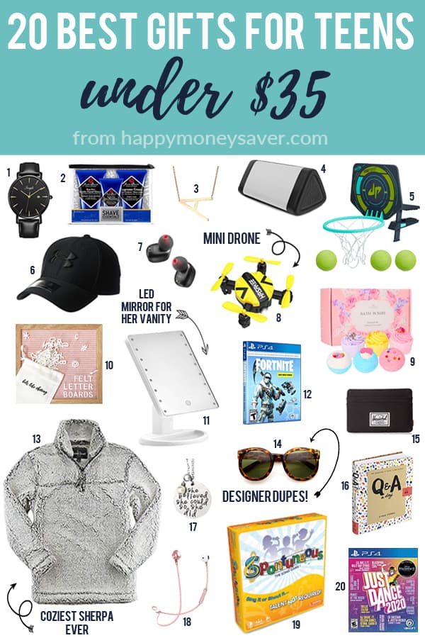 Image of 20 best gifts for teens under $35 from Happymoneysaver.com with numbered images of each item such as 6. hat, 7 wireless headphones. 