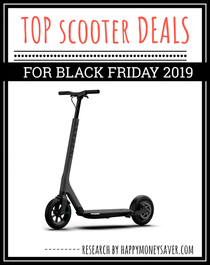 Black Friday Scooter Sale roundup of deals for 2019 graphic with image of scooter on it and words.