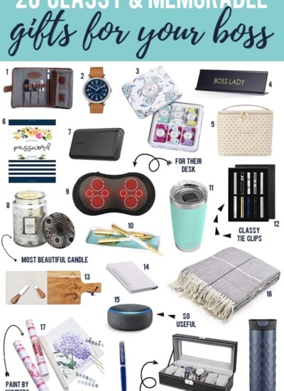 Collage of products with text "20 Classy and Memorable gifts for your boss."