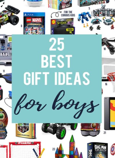 Collage of products overlaid with text "25 Best Gift Ideas for boys."