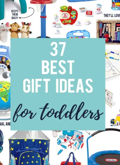 Collage of products overlaid with text "37 Best Gift Ideas for toddlers."