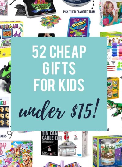 Collage of products overlaid with text "52 Cheap Gift Ideas for $15!"
