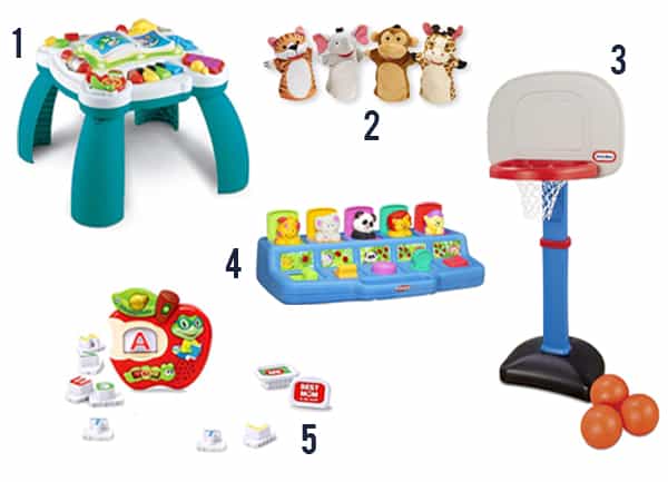 Gift Ideas for Toddlers items number 1-5 on a white background.