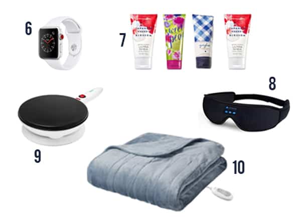 The 30 best gift ideas for women this holiday season like an apple watch, lotion, eye mask, crepe maker, and a heated blanket.