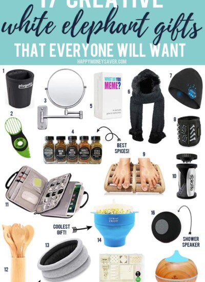 Collage of products with text "17 creative white elephant gifts that everyone will want."