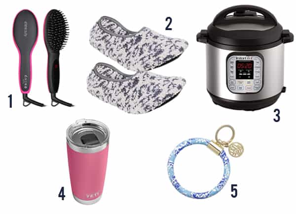 5 gifts for a busy mom including a straightening brush, slippers, Instant Pot, Yeti tumbler, and a keychain.