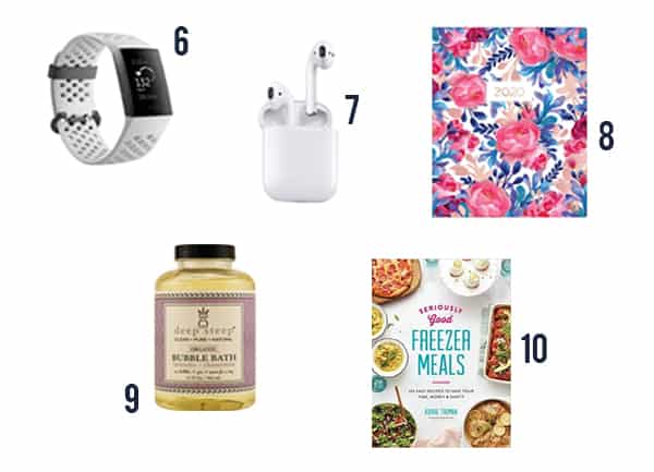 5 gift ideas for busy moms including a fitbit, airpods, planner, bubble bath and cookbook.