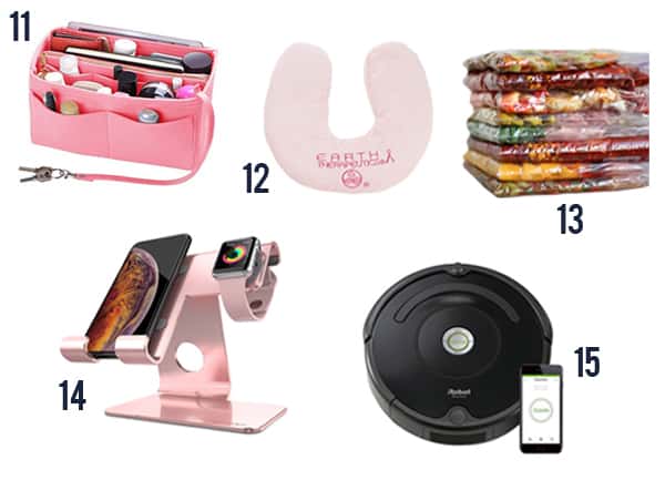 5 gift ideas for busy moms for a busy mom including a organizer, pillow, meals, charging dock, and roomba.